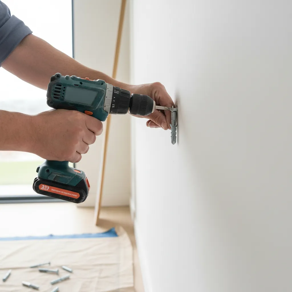 Close view of installing drywall anchors for mounting long wall decor