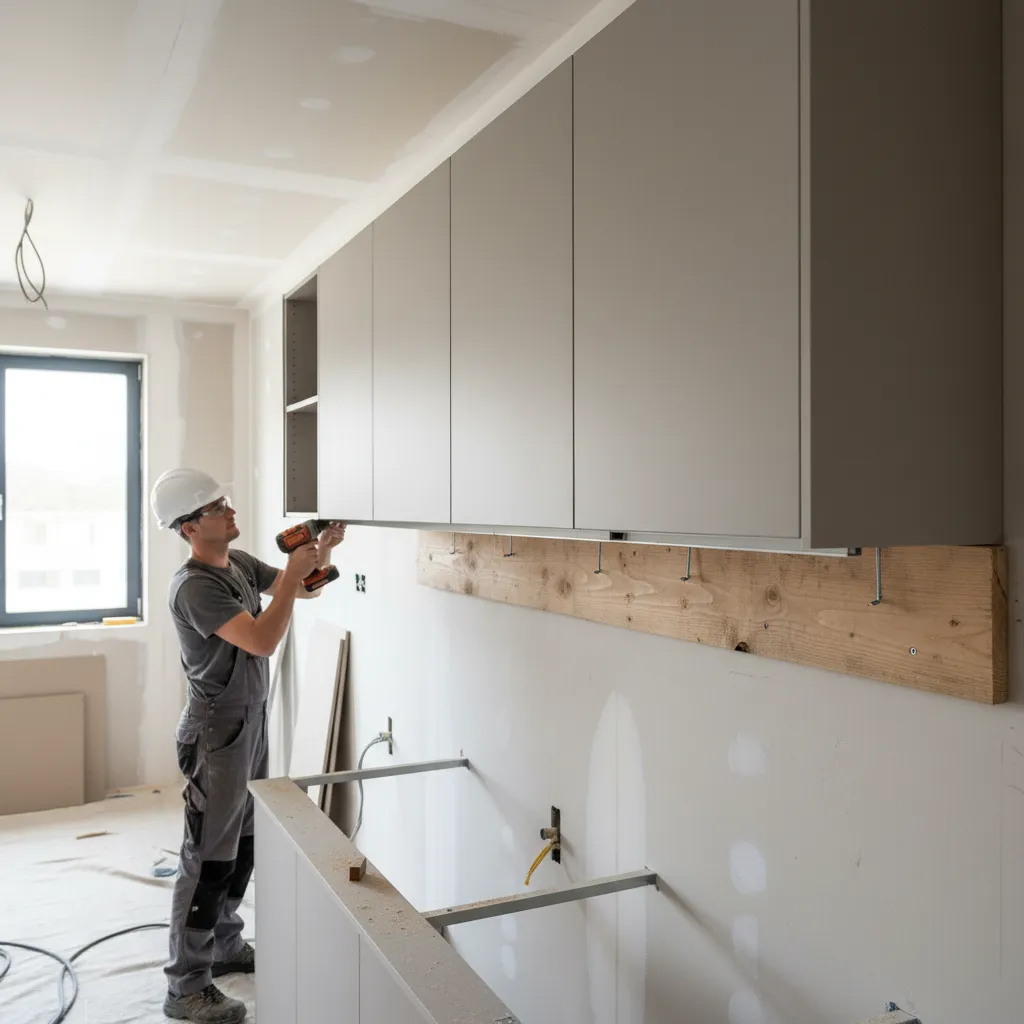 kitchen cabinet resting on temporary ledger board during installation