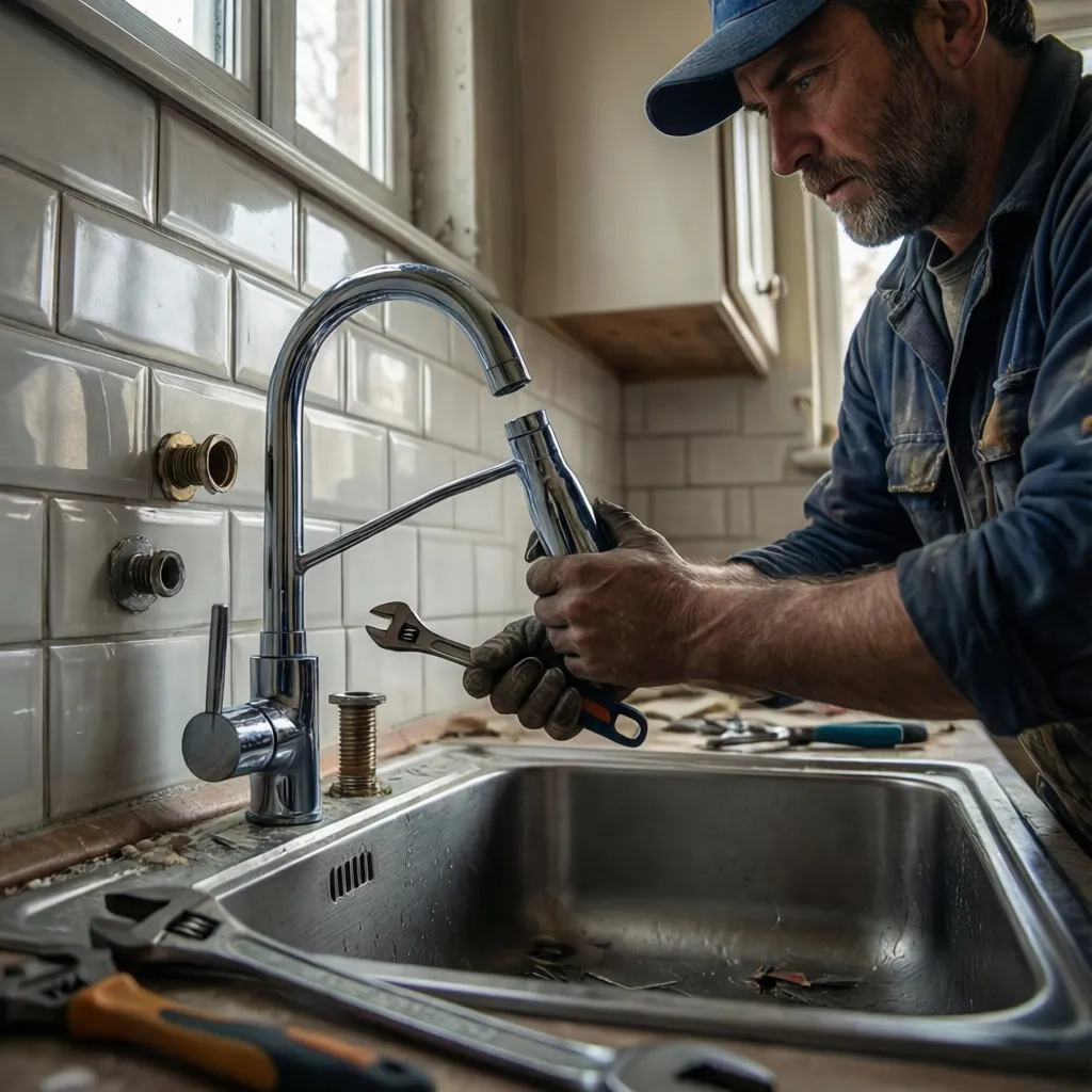 Professional plumber using a wrench to install a silver water tap in a white kitchen
