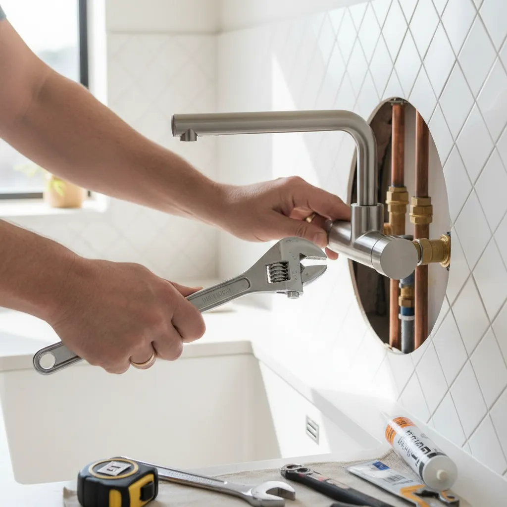 person installing wall mount kitchen faucet with wrench