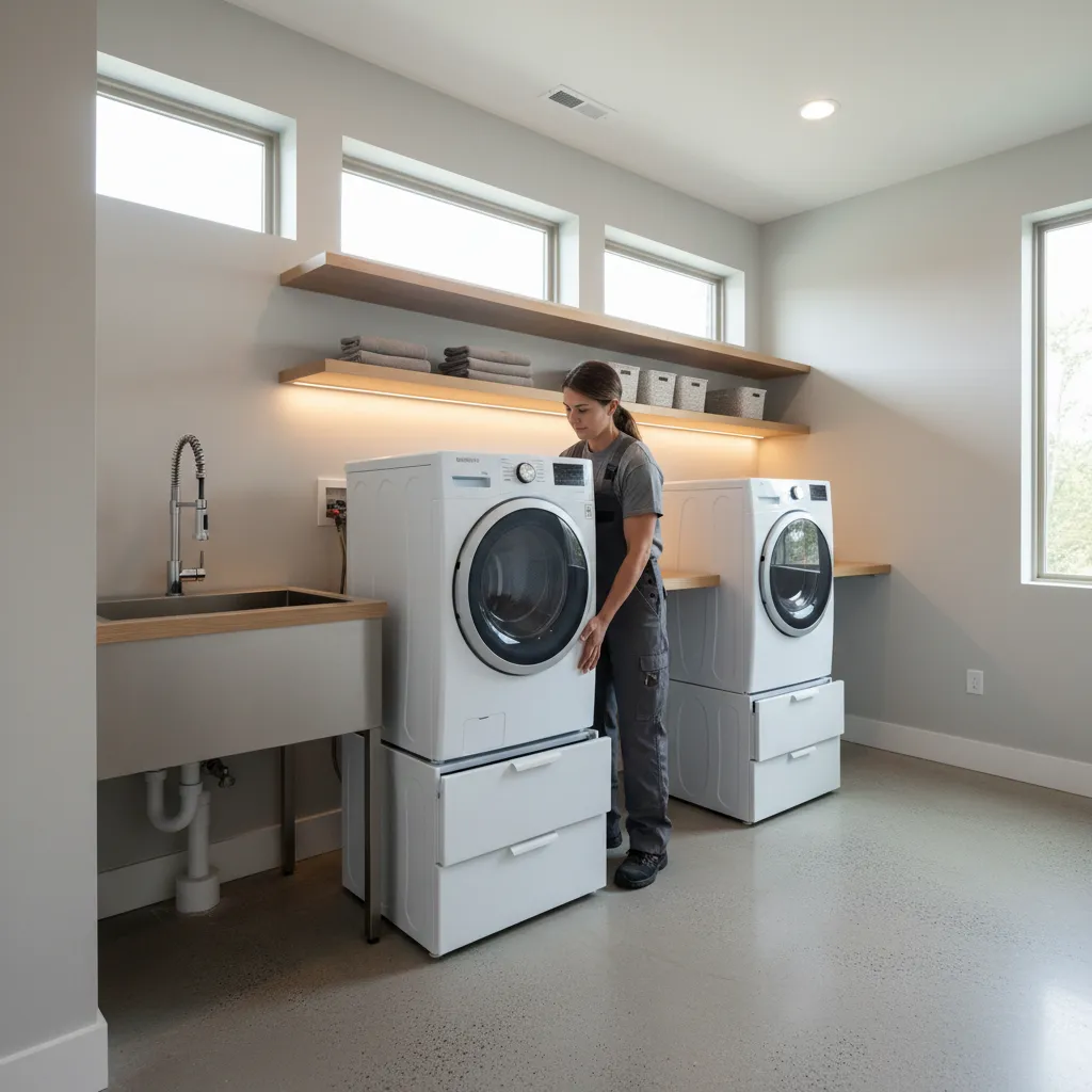 Two people installing front load washer onto pedestal base