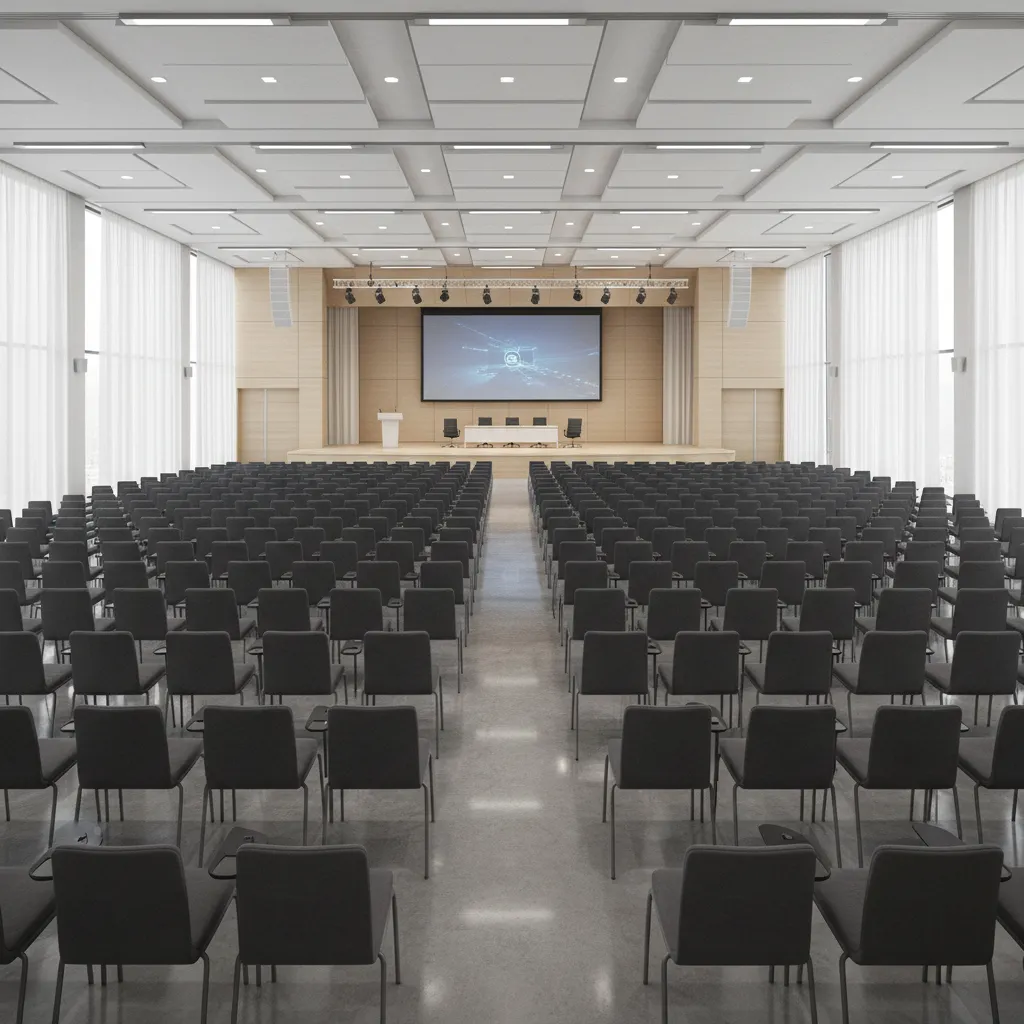 Rows of instanced seats in a 3D conference hall model demonstrating efficient duplication