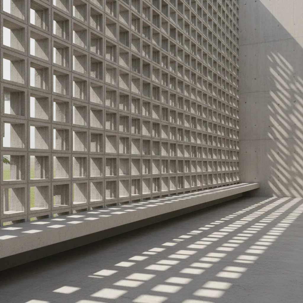 large wall built with instanced cement ventilator blocks in architectural render