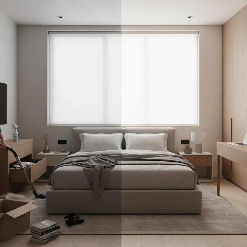 Before and after comparison of a messy bedroom being cleaned versus an organized bedroom layout