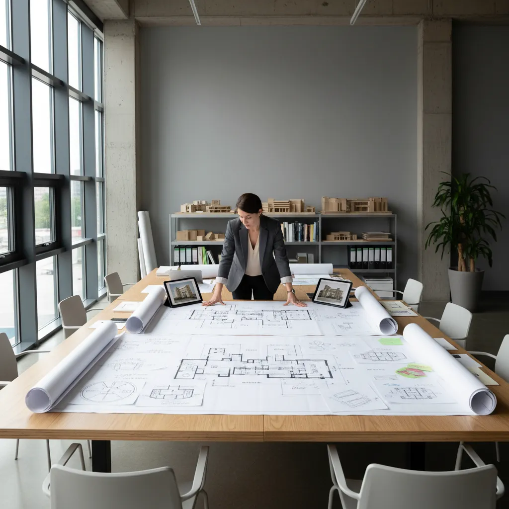 Designer reviewing institutional building floor plans for government facility planning