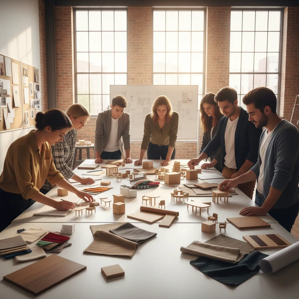 Group of students working on a room layout model with small furniture and fabric samples