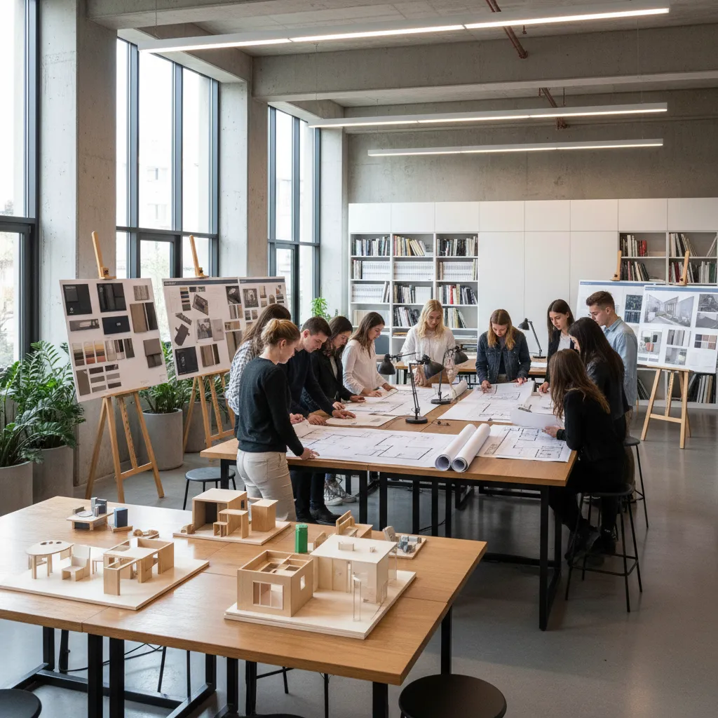 Interior design students working on paper floor plans at large tables in bright modern classroom
