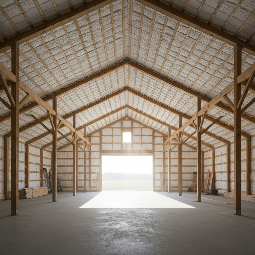 spray foam insulation applied to metal roof panels inside agricultural barn