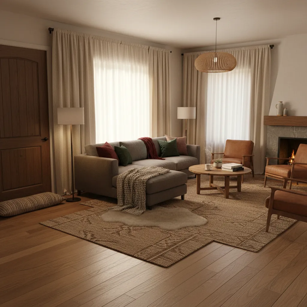 living room with thick curtains rugs and draft blockers to retain heat