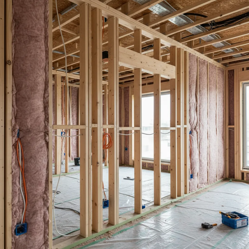 wood stud wall with fiberglass insulation installed between studs