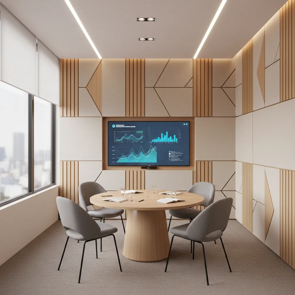 Private insurance consultation room with meeting table and screen for client discussions