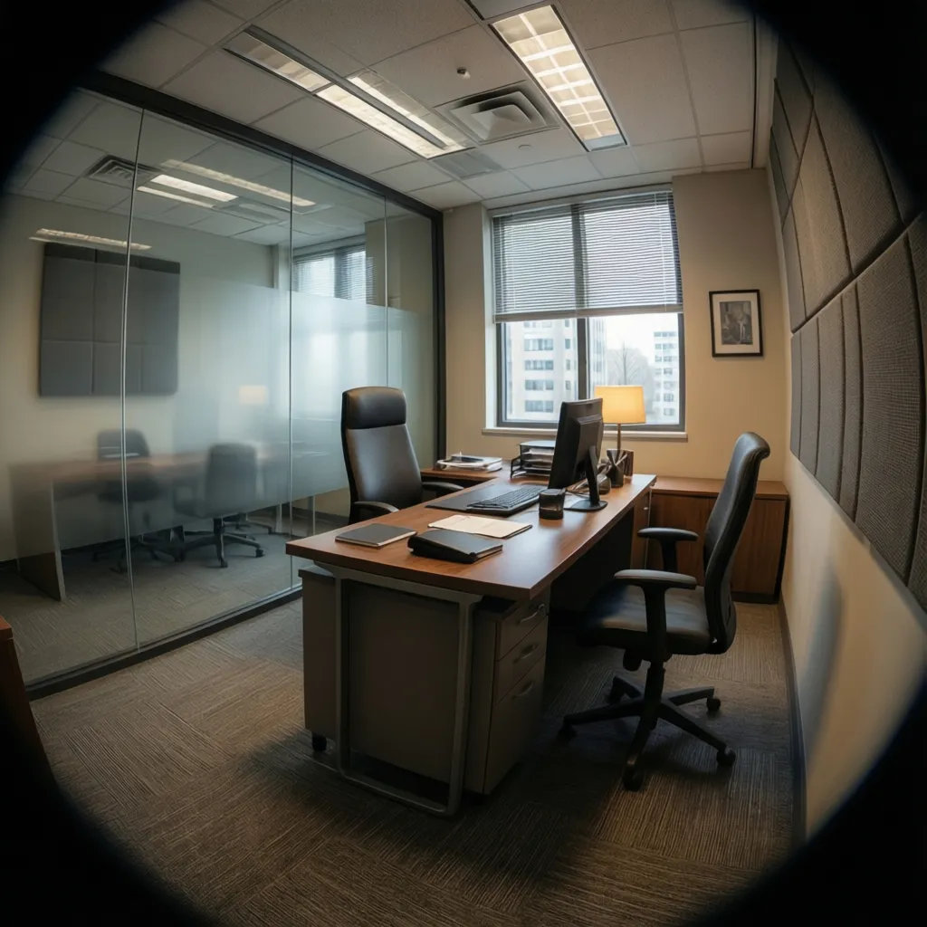 private insurance consultation room with desk and two client chairs
