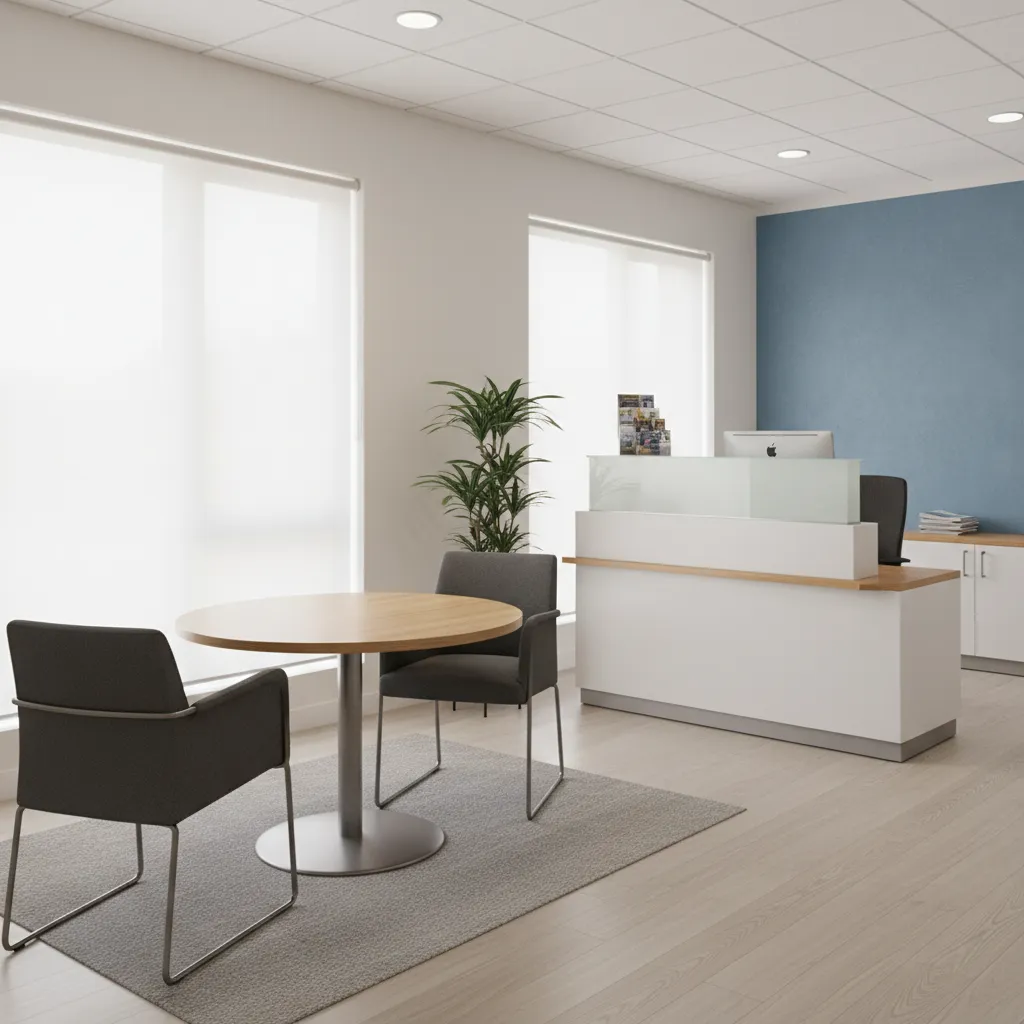 Insurance consultation desk positioned deeper inside a small office layout
