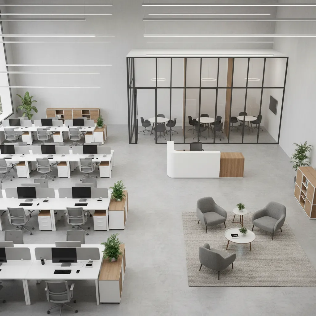 Insurance office layout showing reception consultation rooms and staff workspace zones