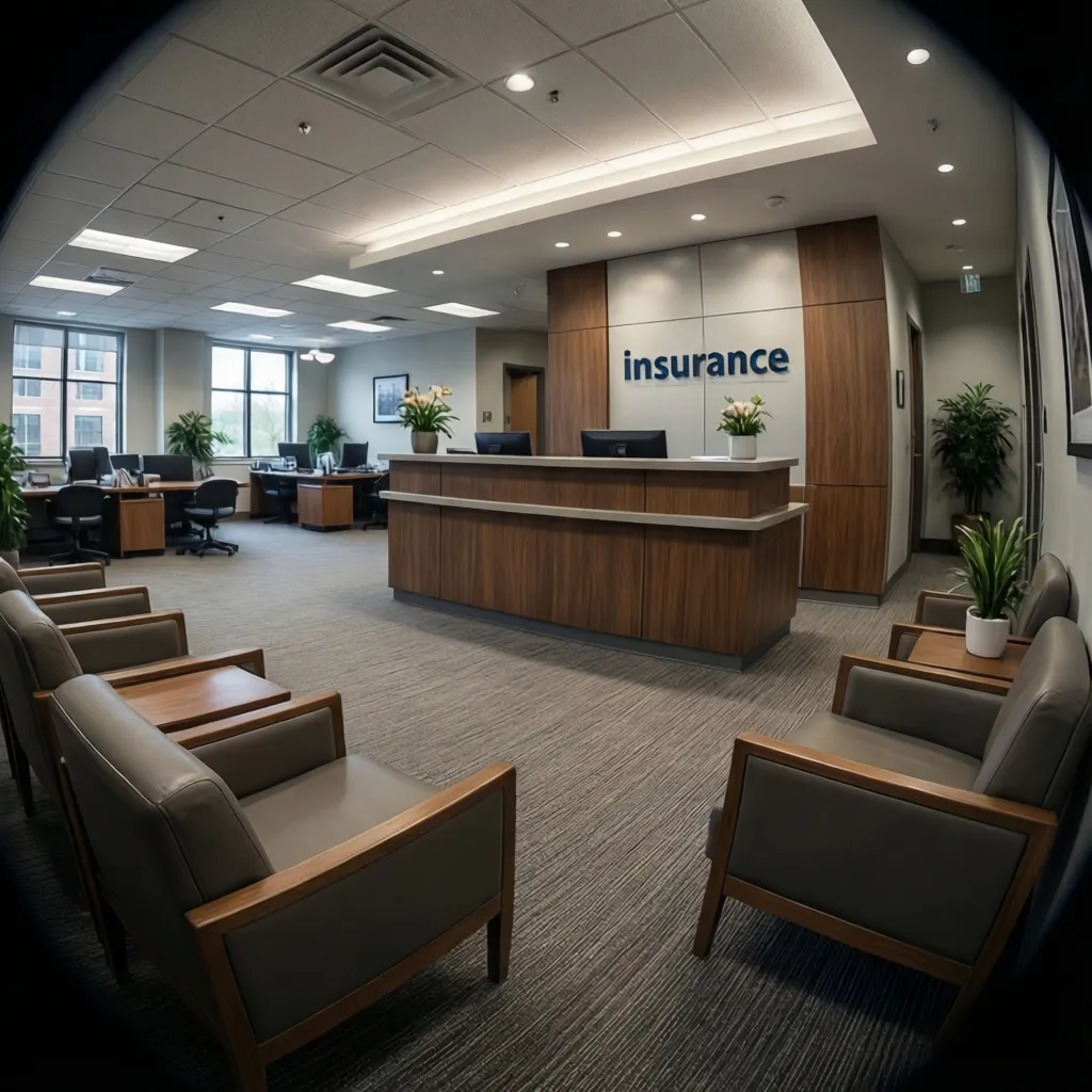 Insurance office reception area with waiting chairs and welcoming desk