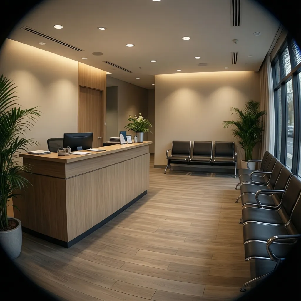 organized insurance office reception area with minimal desk clutter and comfortable waiting chairs
