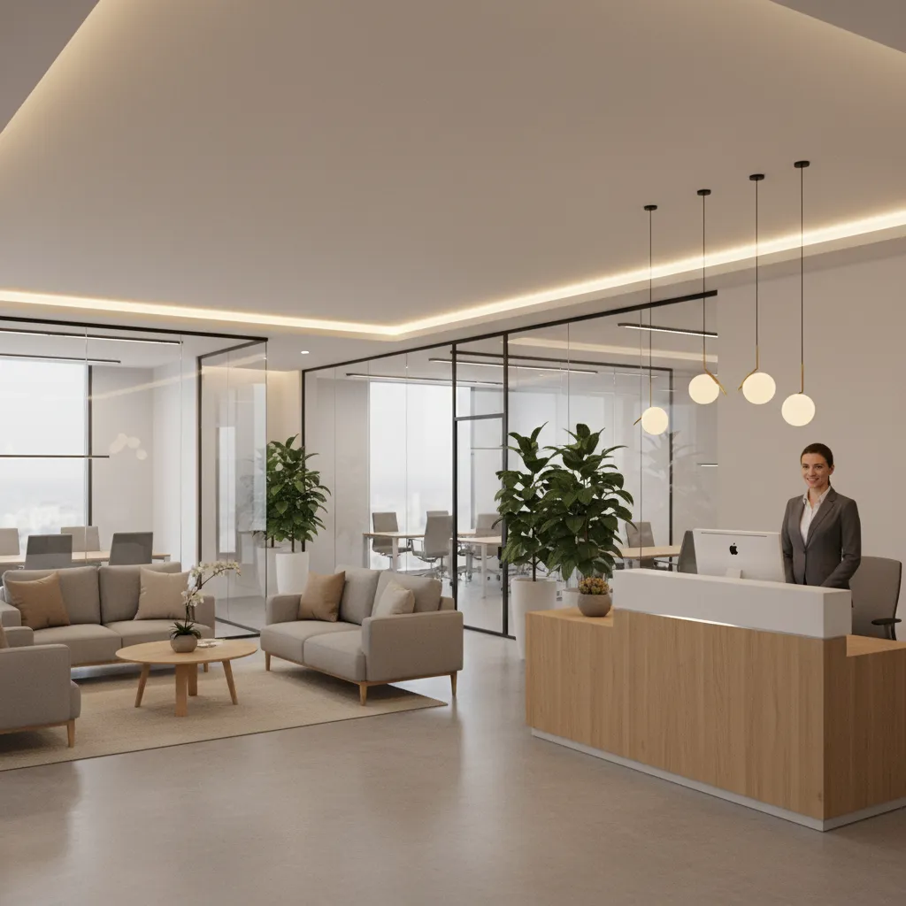 Modern insurance office reception area with seating lounge and professional interior design