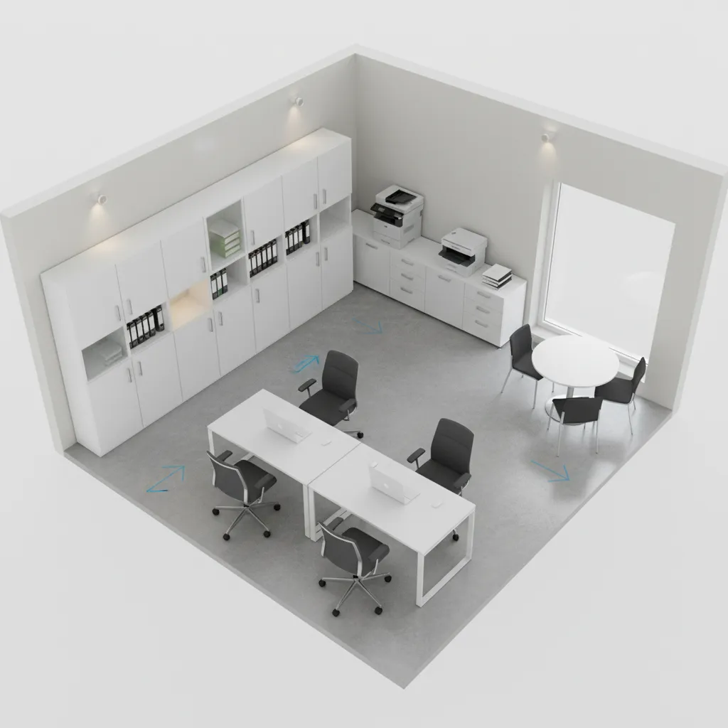 Small insurance office floor plan showing workflow paths between desks printer and storage