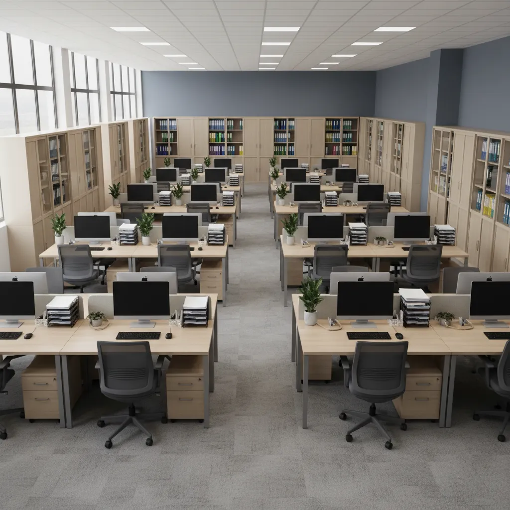 organized insurance office staff workspace with clear circulation paths