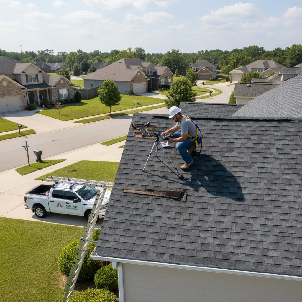 Roof inspection with contractor documenting storm damage for insurance claim