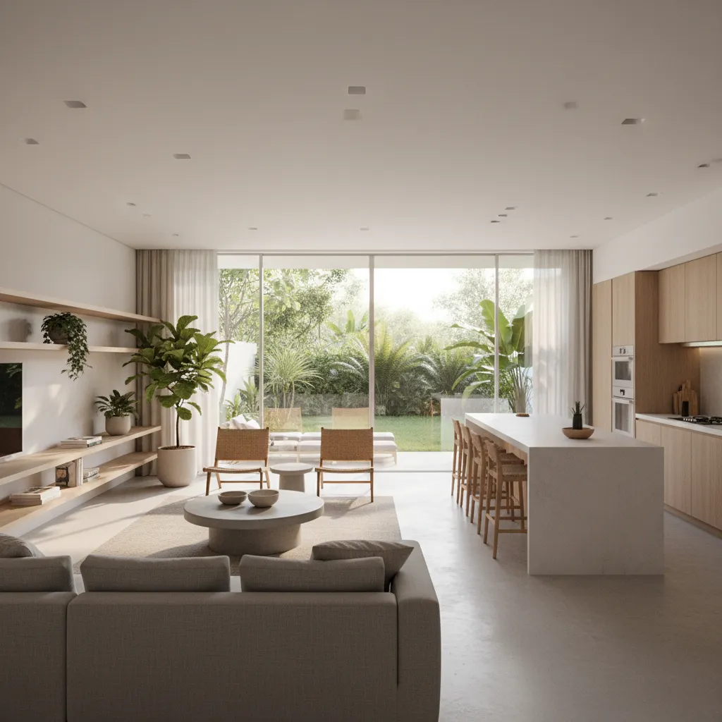 sala integrada com cozinha em casa moderna de médio porte
