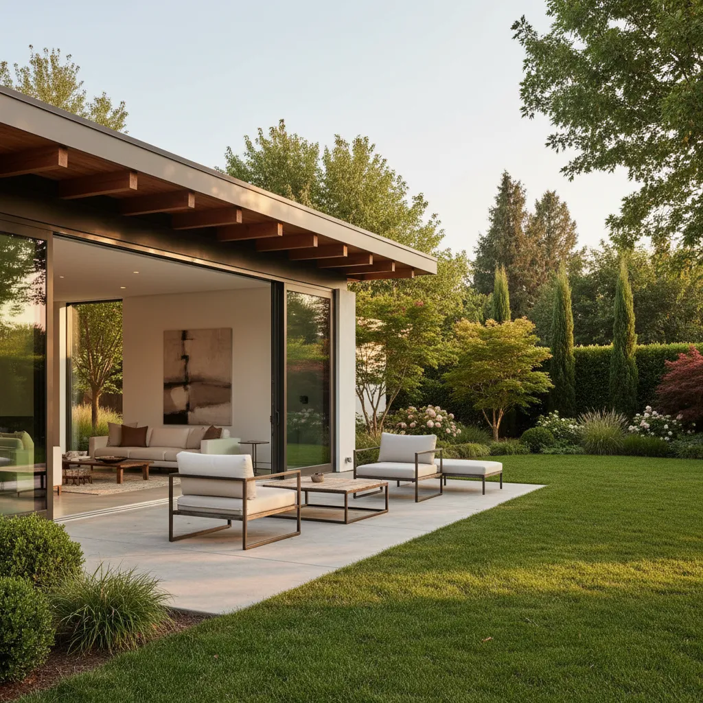 Terraza de casa conectada visualmente con jardín moderno