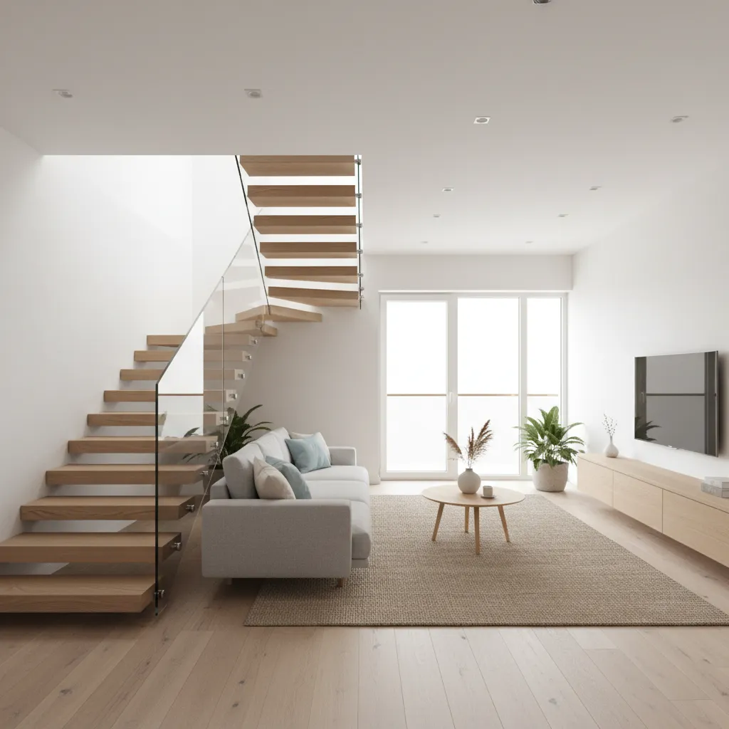 Escalera de madera integrada en un salón moderno