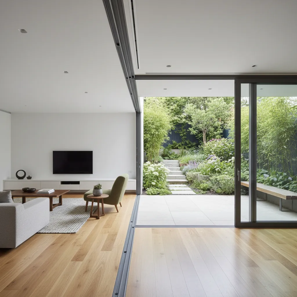 Modern living room with wooden floor sliding glass door opening to a lush green garden