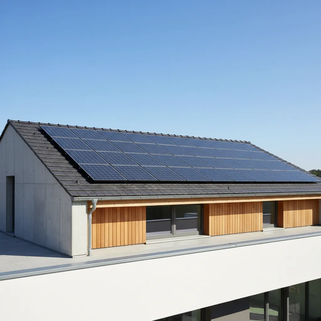 Paneles solares integrados en tejado inclinado de vivienda moderna