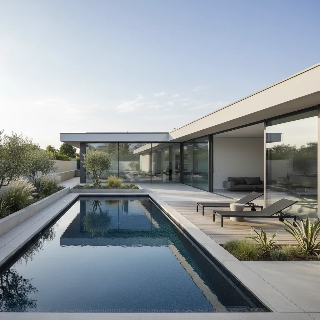 Modern house with large glass windows overlooking a swimming pool with lounge chairs and plants