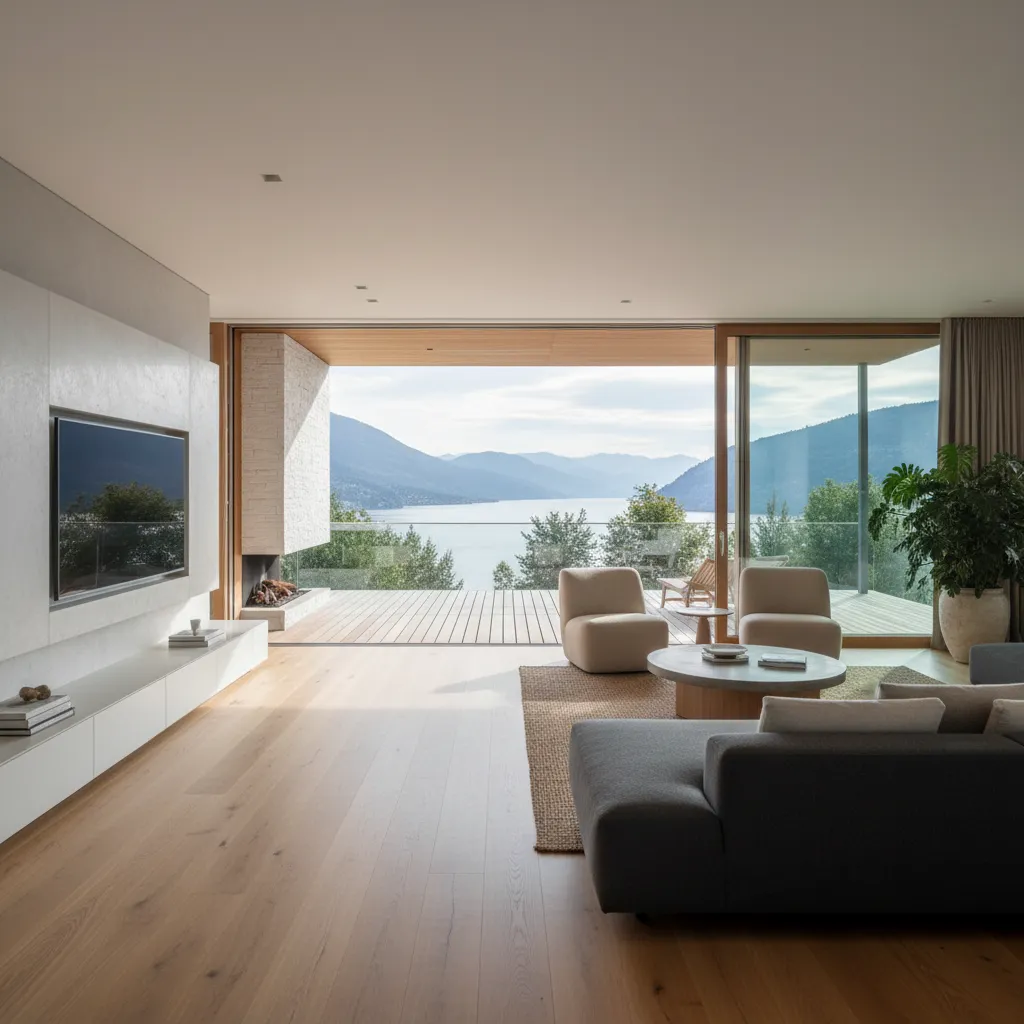 Salón moderno con suelo continuo hacia la terraza a través de una puerta ventana
