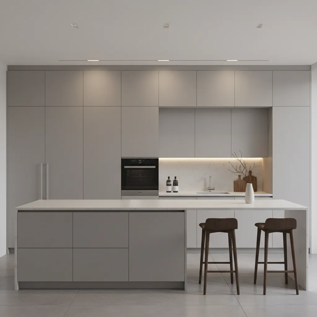 Modern kitchen with integrated oven refrigerator and hidden appliances
