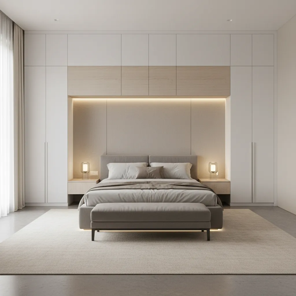 bed integrated with wardrobes and overhead cabinets
