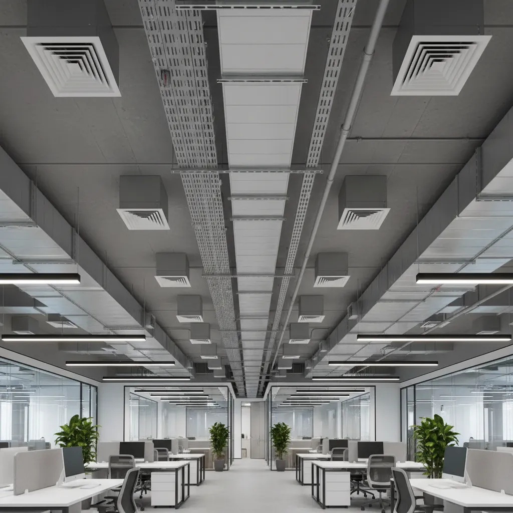 Interior space showing integrated HVAC ducts lighting fixtures and building service infrastructure