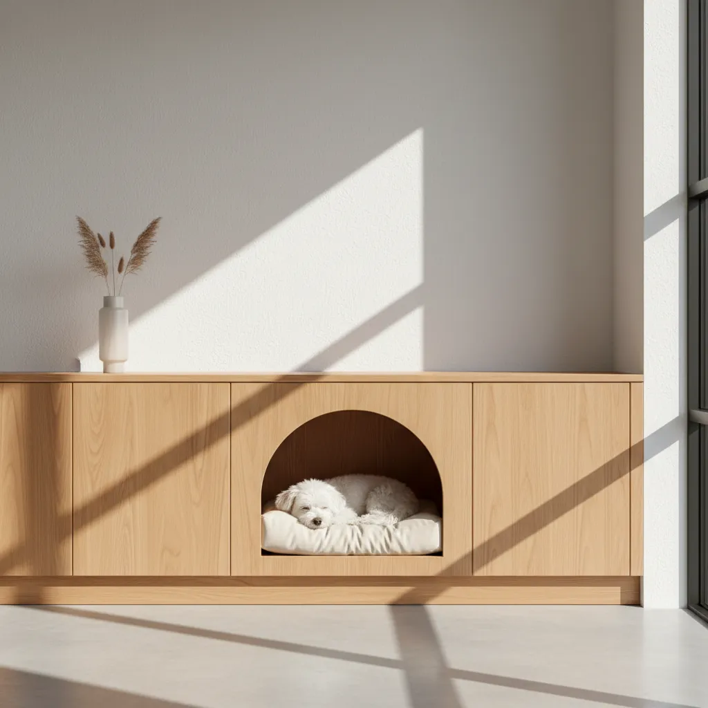 Casa para perro integrada en muebles de entrada de una vivienda