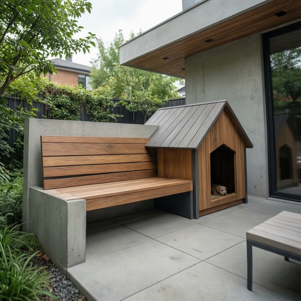 Modern patio area featuring integrated concrete bench and wooden dog house with grey pointed roof
