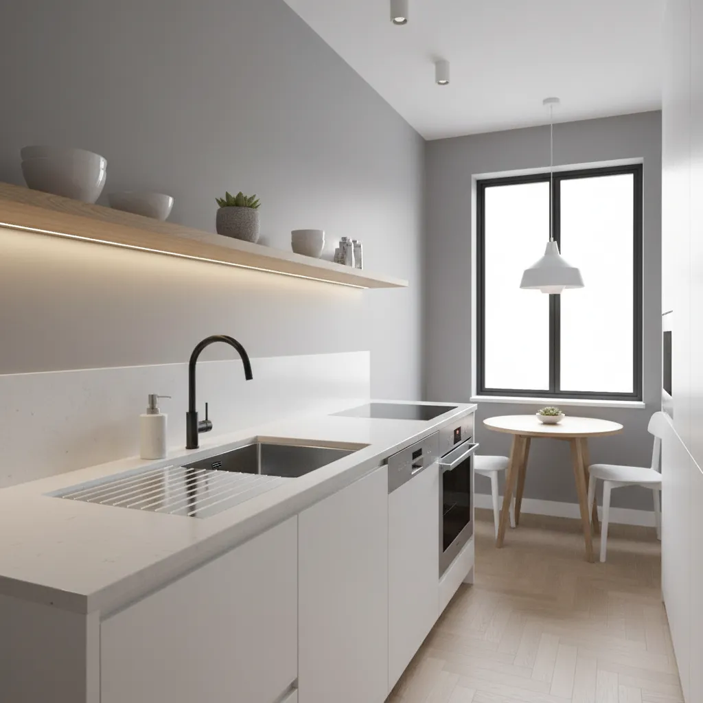 small kitchen sink with integrated drainboard saving counter space