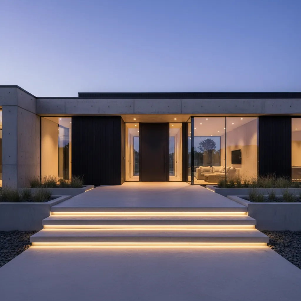 Escalones integrados con fachada moderna y jardinería