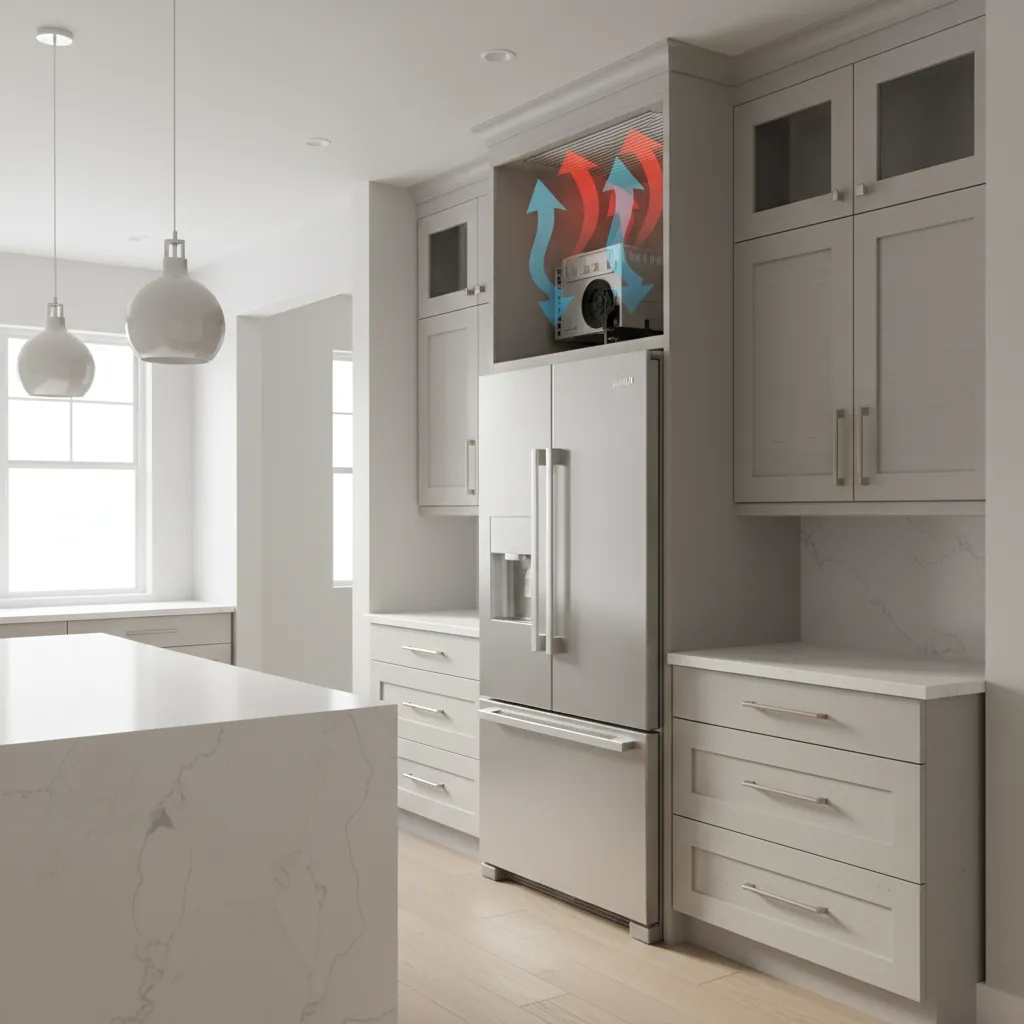 built-in refrigerator installed in cabinet with airflow gaps around the appliance