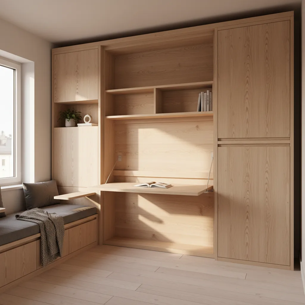 Integrated furniture system with murphy bed desk and storage in micro apartment