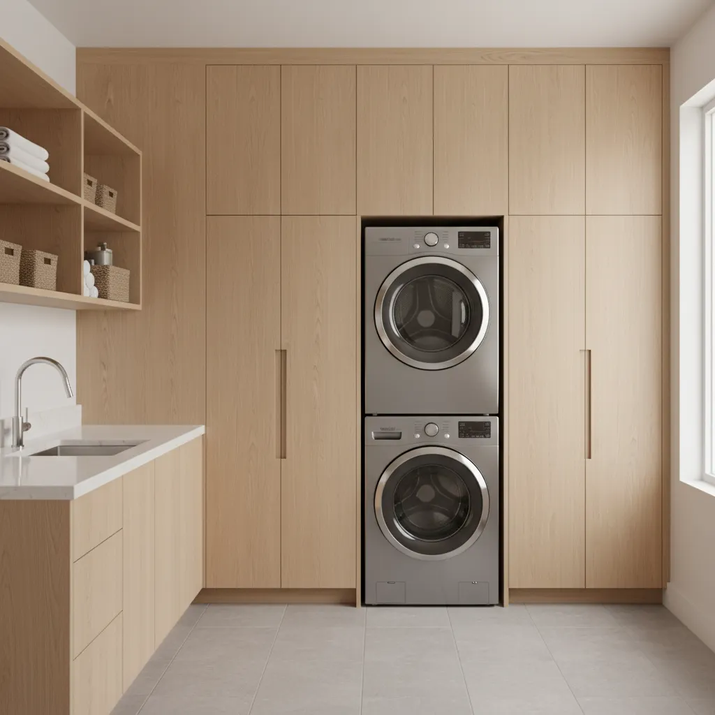 Laundry appliances integrated into modern cabinetry
