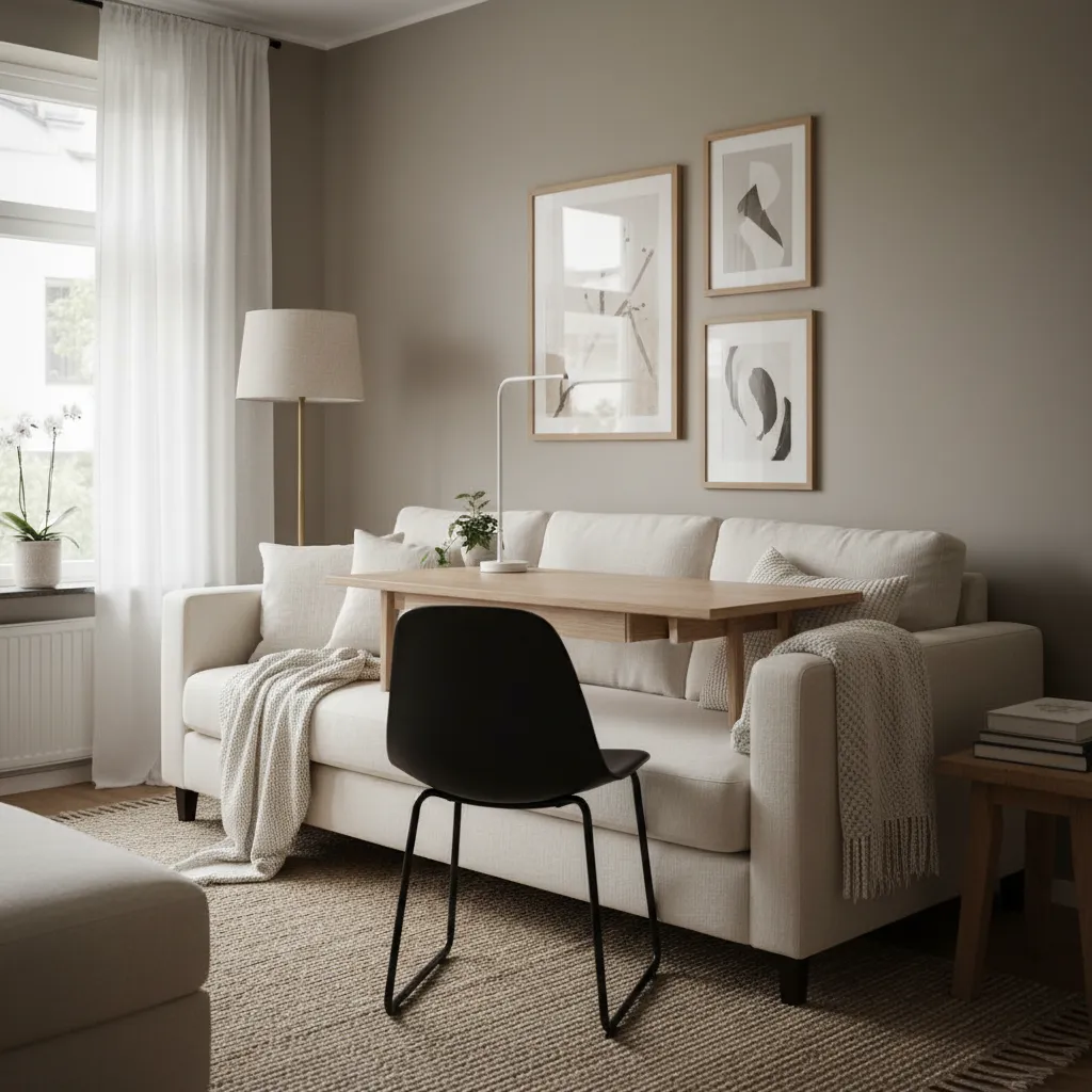 Living room with white sofa and wooden table plus black chair floor lamp and wall pictures