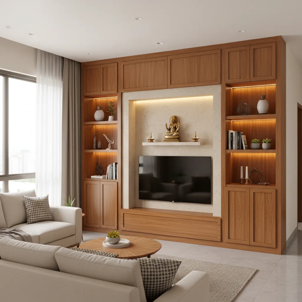 Pooja temple integrated into a modern living room wall unit