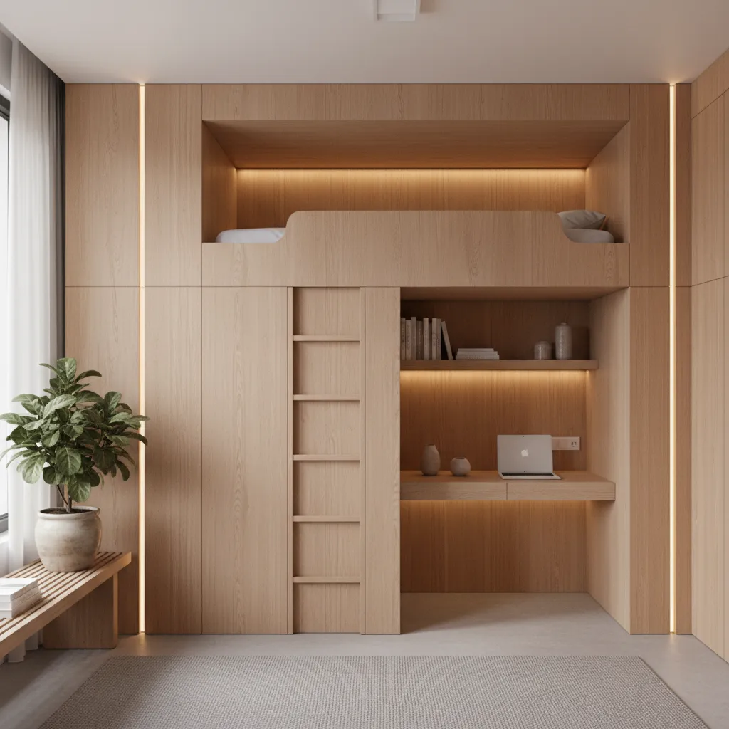 Cama elevada integrada en diseño arquitectónico del dormitorio