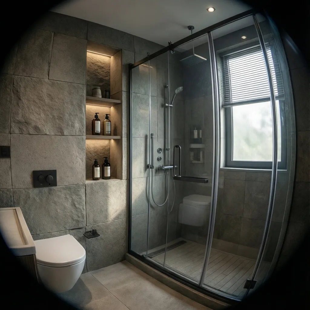 walk in shower with recessed shelf integrated into tile wall