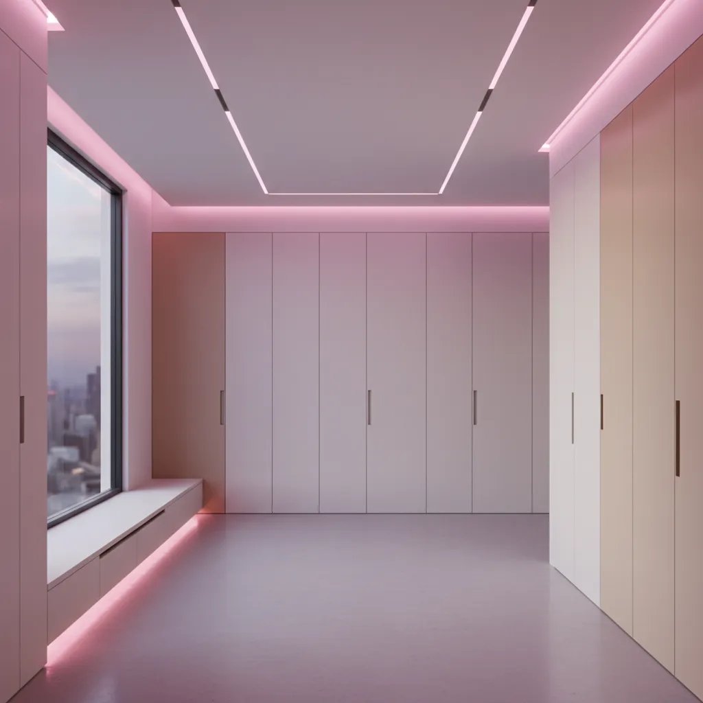 Modern dressing room with white cabinets, pink ceiling light strips, window seat, and city view