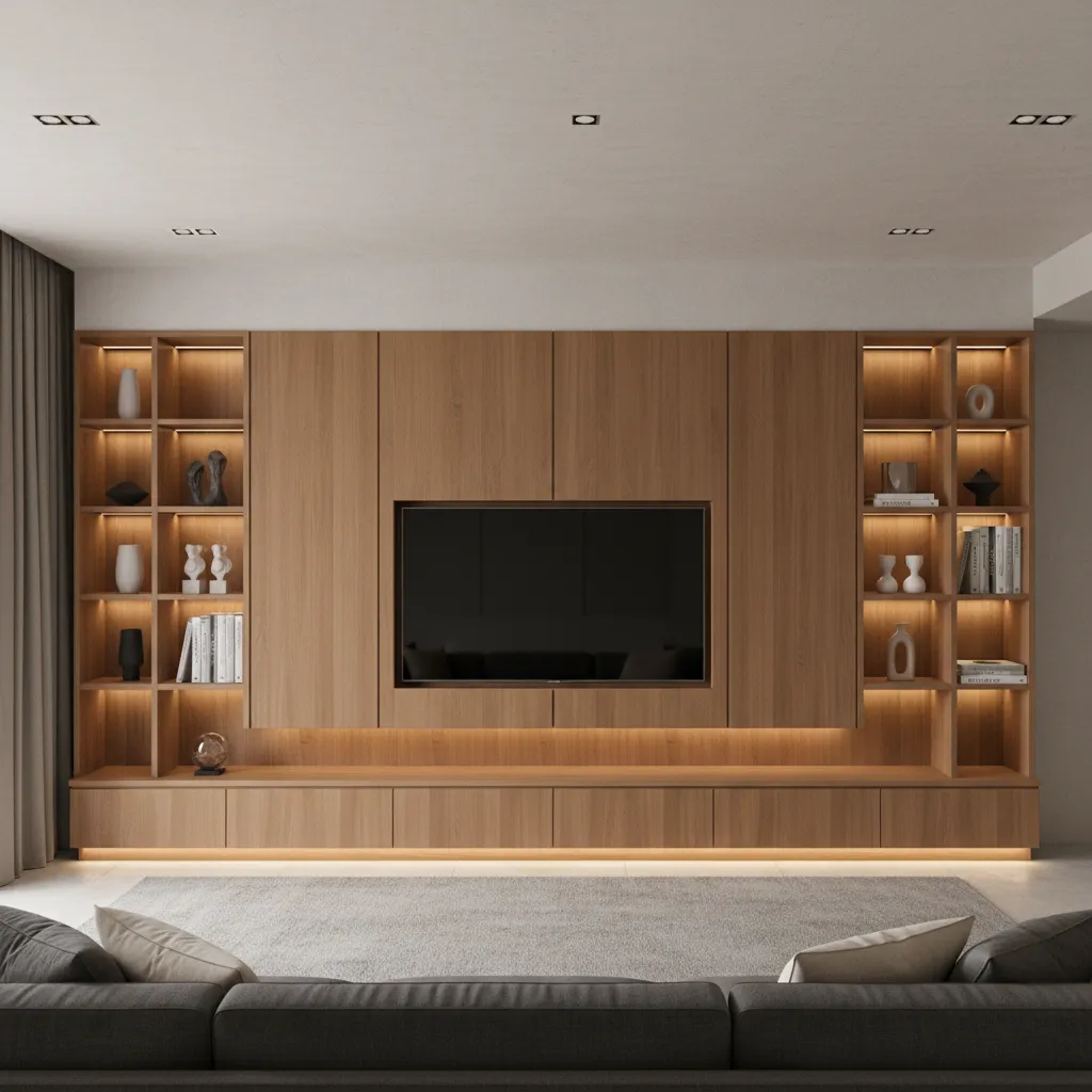 Living room media wall with integrated TV and shelving