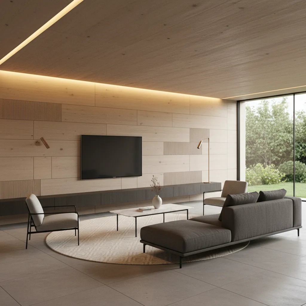 Indirect LED lighting integrated between living room wall and ceiling
