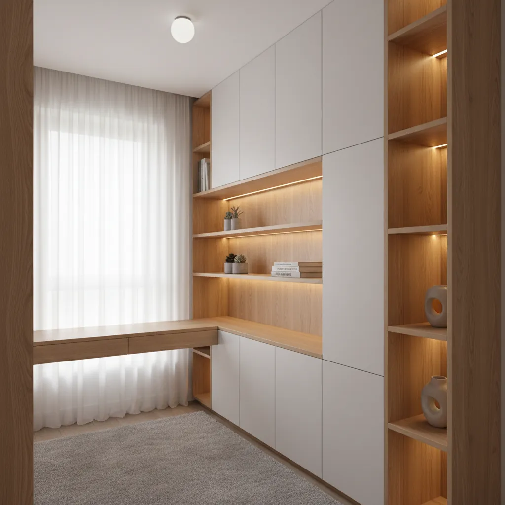 wall mounted desk shelves and cabinets integrated in one storage wall design