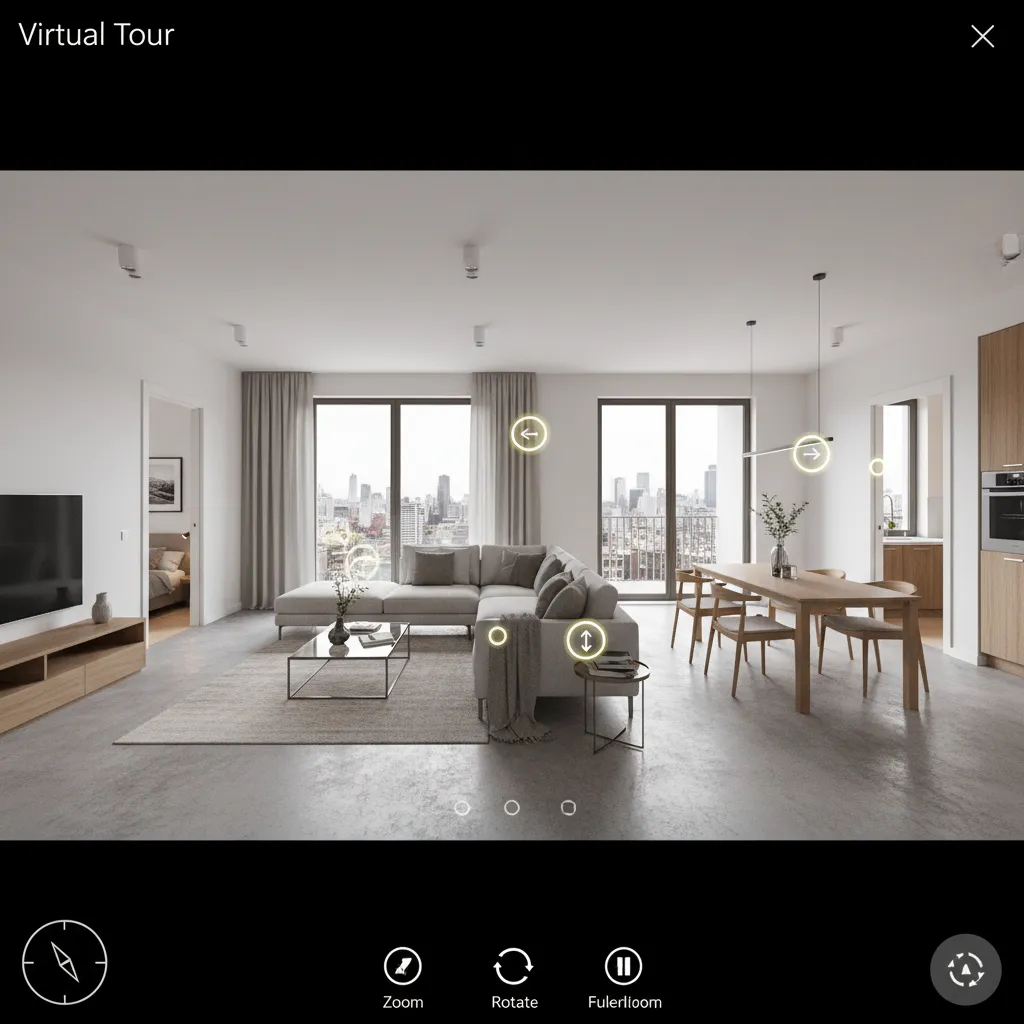interactive 360 virtual tour viewer displaying a rendered apartment interior